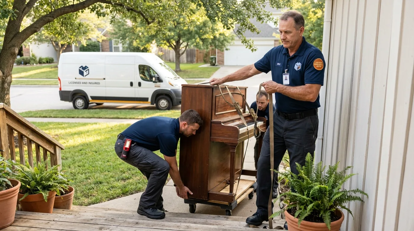 Licensed piano movers securing grand piano in Oklahoma City, OK