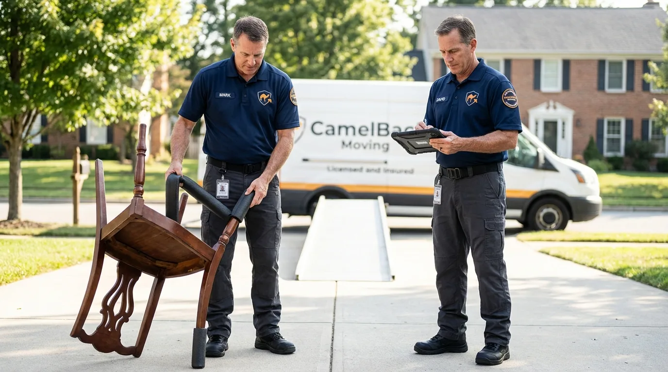 Movers inspecting furniture for damage prevention before loading in Oklahoma City, OK