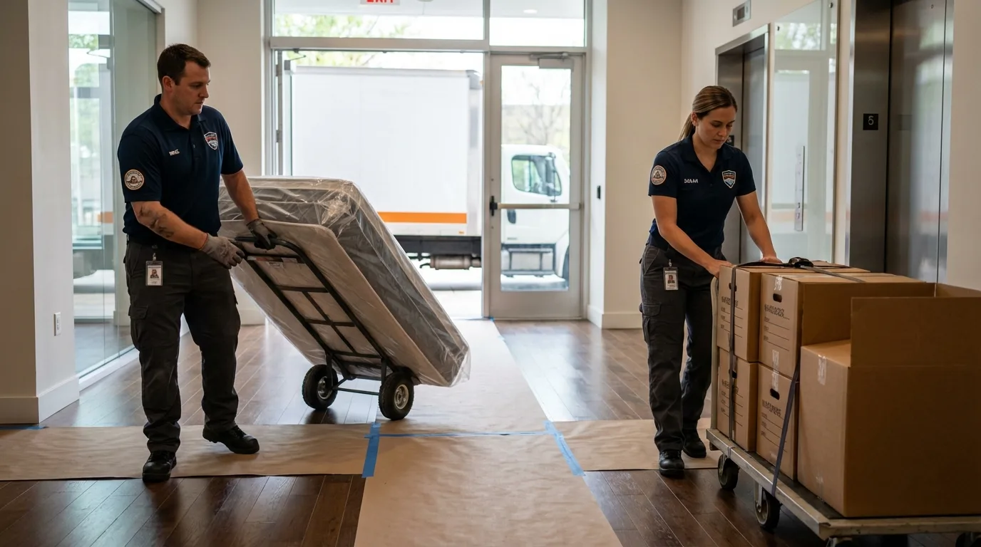 Professional apartment movers loading elevator in Oklahoma City, OK