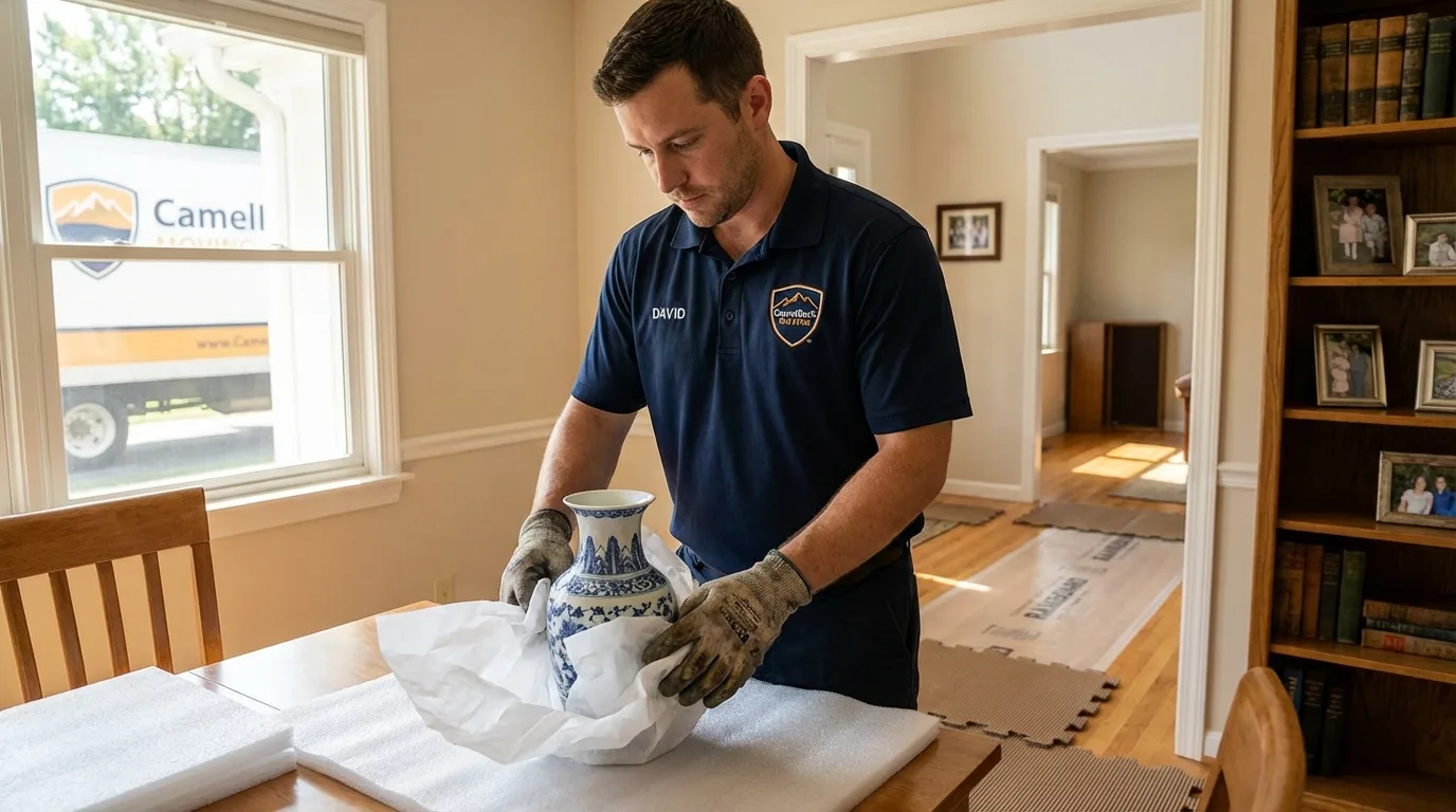 Professional crew carefully wrapping antique vase for senior downsizing move in Oklahoma City, OK